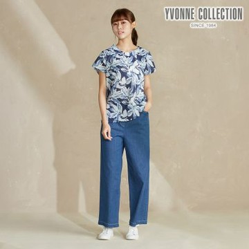 YVONNE 以旺傢飾 棉麻印花短袖上衣-丈青