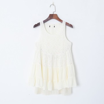 春季女裝韓版清新純色甜美蕾絲鉤花圓領套頭寬松無袖背心裙