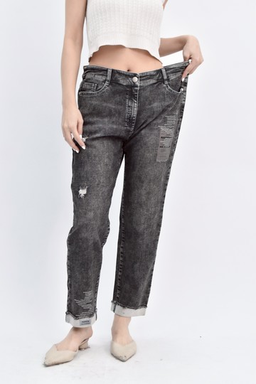 (3XL) lakows丹寧牛仔質感棉質燙鑽抓破黑色長褲