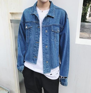 FINDSENSE Z1 韓國 時尚 潮 男 下擺破壞破洞 特殊剪裁 牛仔外套