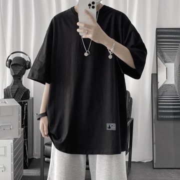 夏季男士t恤短袖潮牌五分袖日系黑色男生半袖潮流寬松上衣服純棉
