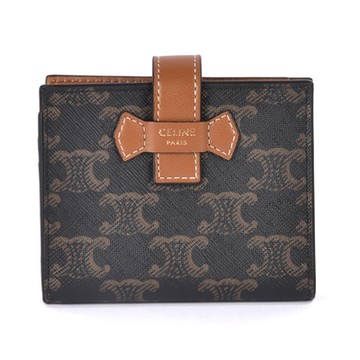 CELINE 賽琳 經典TRIOMPHE滿版老花帆布拼接小羊皮壓釦短夾(小)-深咖色