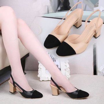 網紅圓頭包頭拼色側空涼鞋女夏仙女小香風單鞋中跟高跟鞋粗跟百搭