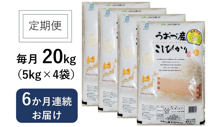20kg（5kg×4袋）×6ヶ月定期便　富山県うおづ産米コシヒカリ 白米　富山米