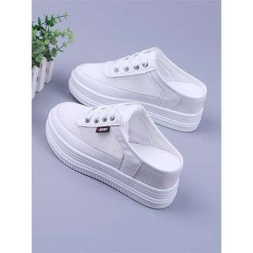 松糕厚底女鞋2025春夏季新款網紗半拖女工作鞋一腳蹬懶人小白鞋女