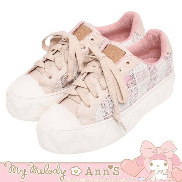 My melody X Ann’S粉X毛呢 美樂蒂皮標菱格厚底球鞋4cm-粉