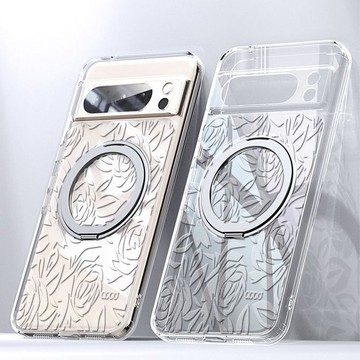 apbs GooglePixel 9/8系列浮雕感360旋轉磁吸立架手機殼-透明玫瑰