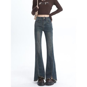 復古藍開叉微喇牛仔褲女2025春秋新款vibe風高腰顯瘦毛邊喇叭褲子