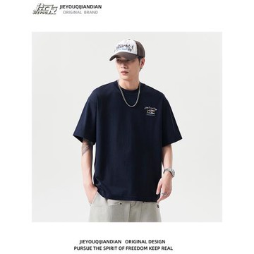 美式復古涼感重磅純棉T恤短袖男女夏季圖案刺繡寬松休閑百搭上衣