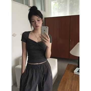 【FOH】短袖 t恤 辣妹上衣 修身t恤 短款衣服 低胸 性感上衣 純欲風