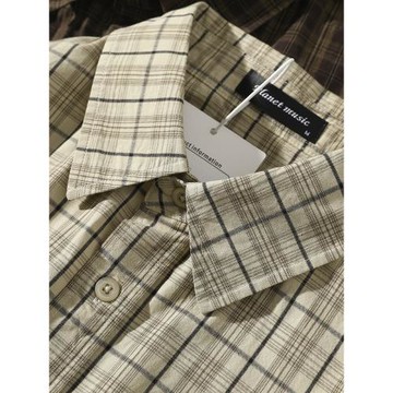 日系復古純棉格子短袖襯衫男夏季港風闊版休閑襯衣情侶款疊穿外套