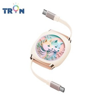 TRON 100W Type-C 伸縮快充線 1M 奶茶色 紙雕貓狗鼠動物-2 4檔長度調整 可充筆電 適用i15以上手機 平板