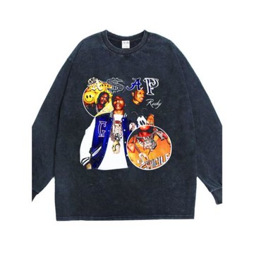 歐美A$AP Rocky 說唱歌手A$AP洛基嘻哈街頭印花長袖T恤寬松男女