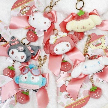 小禮堂 Sanrio 三麗鷗 絨毛造型掛鍊吊飾 (草莓新聞50週年) Hello Kitty 美樂蒂 大耳狗