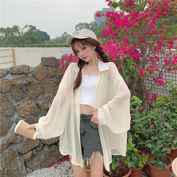💕甜心大尺碼💕大尺碼襯衫 珠光防曬衣女襯衫外套新款春季薄款透視超仙別致開衫雪紡上衣大碼