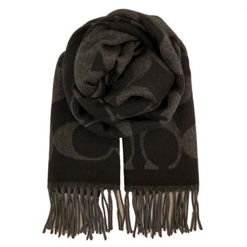 【COACH】大C LOGO喀什米爾混羊毛圍巾(黑灰)