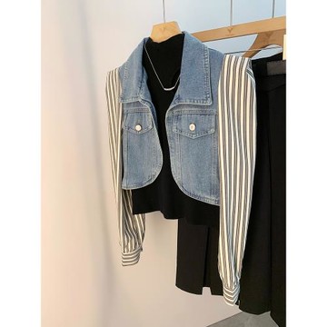 拼接假兩件牛仔襯衫外套女2025秋季新款寬松長袖設計感小眾上衣潮