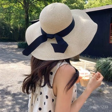 海邊度假🌟 超大帽簷法式蝴蝶結草帽女度假太陽帽夏季沙灘帽可折疊防曬遮陽帽沙灘帽 防曬帽