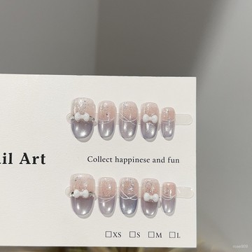 ➕最新設計款穿戴甲💅純手工穿戴甲高級感紫色貓眼短款美甲片輕奢白色蝴蝶結假指甲貼片短橢圓穿戴甲 LY26