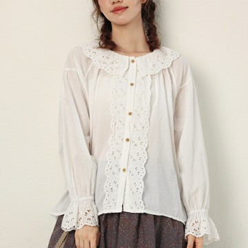 【巴黎精品】現貨+預購 襯衫棉質上衣-娃娃領花邊刺繡長袖女裝2色a1ed86