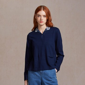 INDIGO拼接緹花領長袖上衣