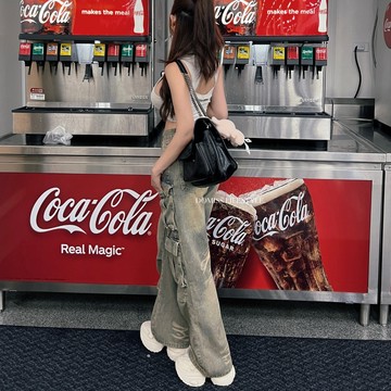 【美式工裝】DOMISS個性復古工裝牛仔長褲 彎刀褲 寬褲 牛仔褲 (現貨)