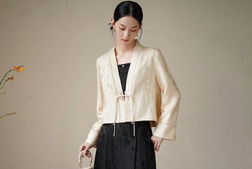 新中式 秋冬漢服改良對襟提花外披上衣短外套