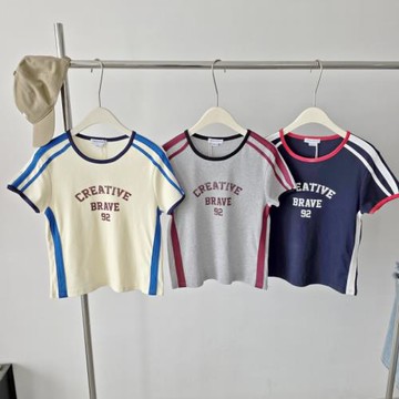 U家同款~美式復古修身圓領螺紋撞色字母短袖T恤