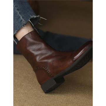 洋氣皮鞋女真皮軟短靴女低跟2025新款秋冬英倫復古圓頭平底馬丁靴