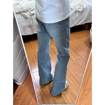 淺藍色直筒牛仔褲男款cleanfit顯瘦彎刀褲子修身百搭窄版微喇長褲  寬褲牛仔褲