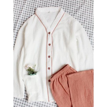 好貨春秋女睡衣縐布純棉薄款雙層紗布套裝禪意V領長袖家居服簡約