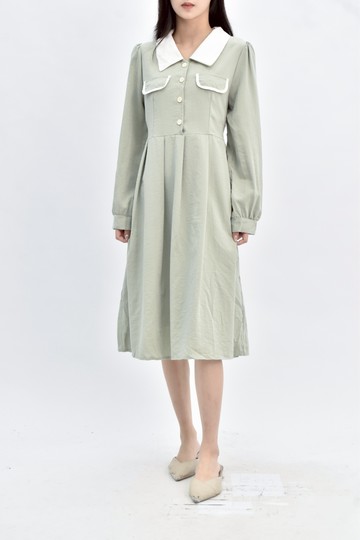 【加購優惠】(M) miluku 翻領撞色長袖綠色洋裝