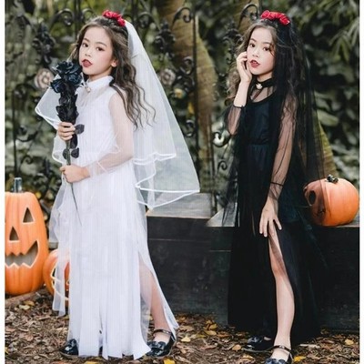 子供ハロウィン衣装 ゴシック ロリータ ワンピース キッズ 女の子 暗黒 鬼花嫁 悪魔 魔女 吸血鬼 コスプレ ロングドレス ベール 首飾付 白 黒 通販 Lineポイント最大get Lineショッピング