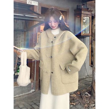 高級感簡約設計感雙面呢大衣女冬季新款小個子顯瘦連帽羊毛呢外套