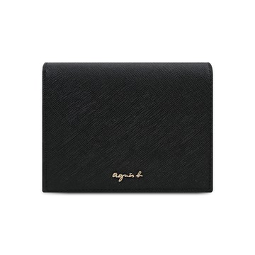 agnes b. Voyage 金色logo防刮皮革拉鍊短夾(黑色)