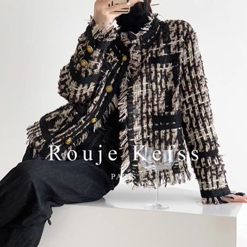 Rouje Kefss法式高級感編織流蘇加厚針織衫麥穗粗花呢毛呢外套女