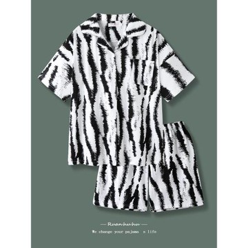 斑馬條紋純棉短袖睡衣女夏季2025新款春秋長袖情侶家居服套裝男天