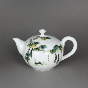 慎德堂粉彩手繪瓜藤絲瓜茶壺 小壺 景德鎮茶具古玩古董仿古陶瓷器