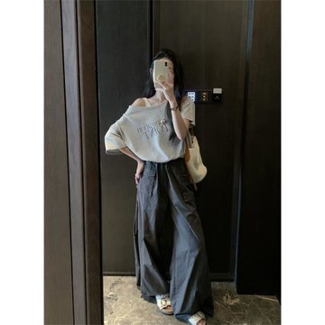 胖mm純棉假兩件吊帶露肩短袖T恤女夏季新款印花字母短款大碼上衣