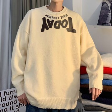 時尚潮流圓領字母長袖毛衣男冬季新款保暖高級感上衣男