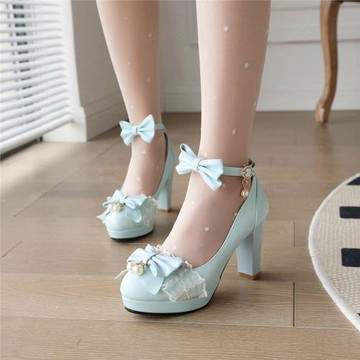 藍色高跟鞋女百搭甜美蝴蝶結洛麗塔鞋子女大碼女鞋41-43原創lo鞋
