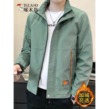 啄木鳥外套男士春秋季2025新款潮牌上衣服秋冬款立領加絨夾克男裝