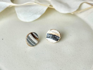 唐津燒 白華窯 金繼 醫療級不鏽鋼耳環 刷毛 灰色 黃金 傳統工藝 No.218