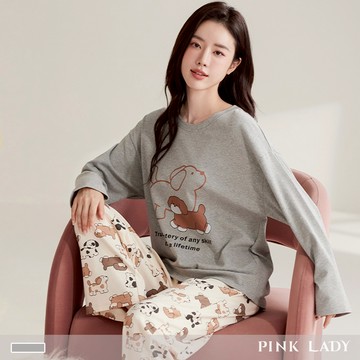 Pink Lady 小狗遊行 棉質 成套睡衣 圓領 印花 寬版 長袖長褲 女睡衣 居家服 24110