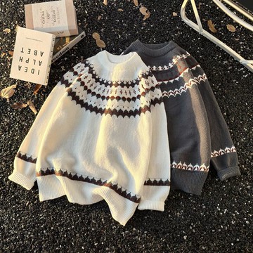 韓版休閒風圓領套頭毛衣男秋冬新款加厚慵懶風潮針織上衣男