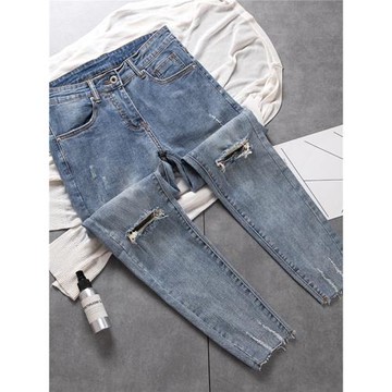 春秋薄款牛仔褲男韓版潮流毛邊膝蓋破洞彈力修身小腳褲男裝九分褲