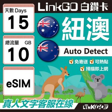 LINKGO白鑽卡 紐澳 eSIM卡 15天上網卡 總流量10GB 高速流量(紐澳網卡 紐西蘭 澳洲 虛擬卡)