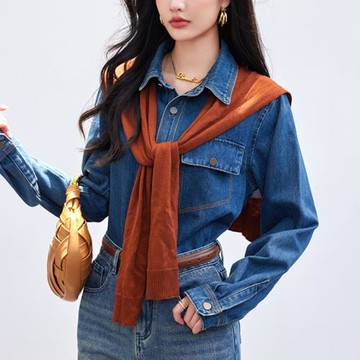 藍色牛仔襯衫外套女春秋小個子2026新款春裝氣質上衣洋氣打底衫