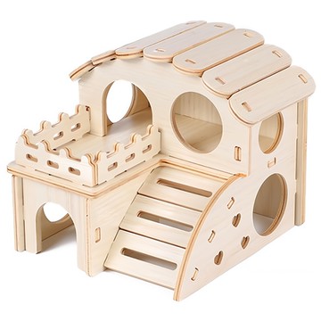 Lanboer 倉鼠快樂雙層木屋 實木色 雙層設計  1組