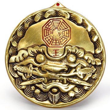 銅獸頭八卦虎咬劍掛件銅虎睚眥風水門飾鏡門對門沖家居虎頭牌擺件